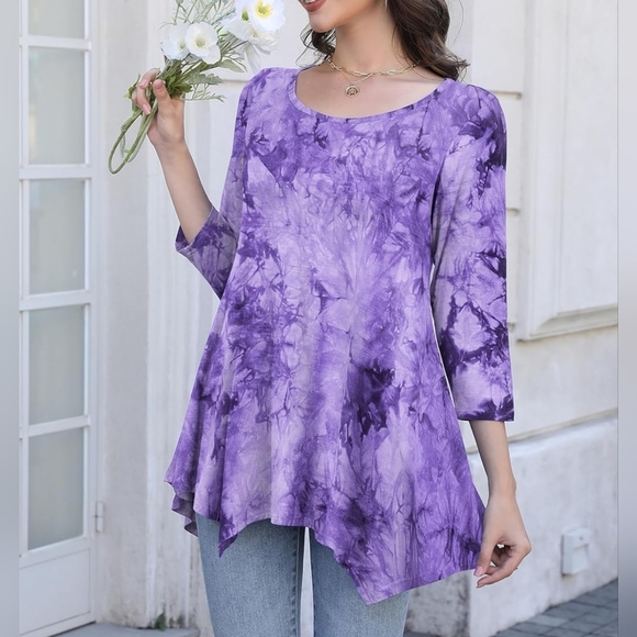 Women's 3/4 Sleeve Casual Flowy Loose Fit Swing Top Tunic, Purple Tie Dye - Picture 2 of 9
